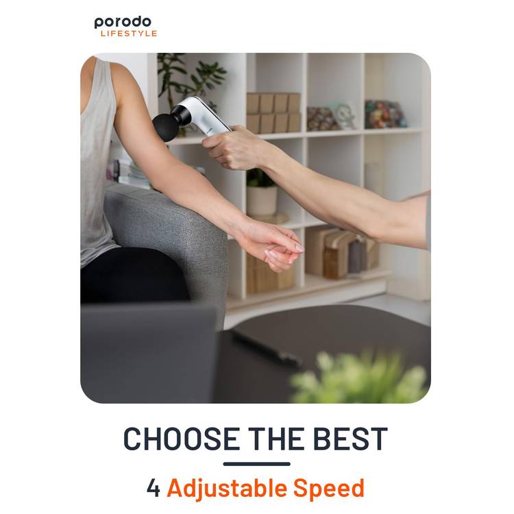 Porodo Lifestyle Mini Massage Gun with 4 Interchangeable Heads, Up to 4 Hours Working Time, 2000mAh Battery Capacity, 4 Adjustable Speeds, Type-C Charging Port - White