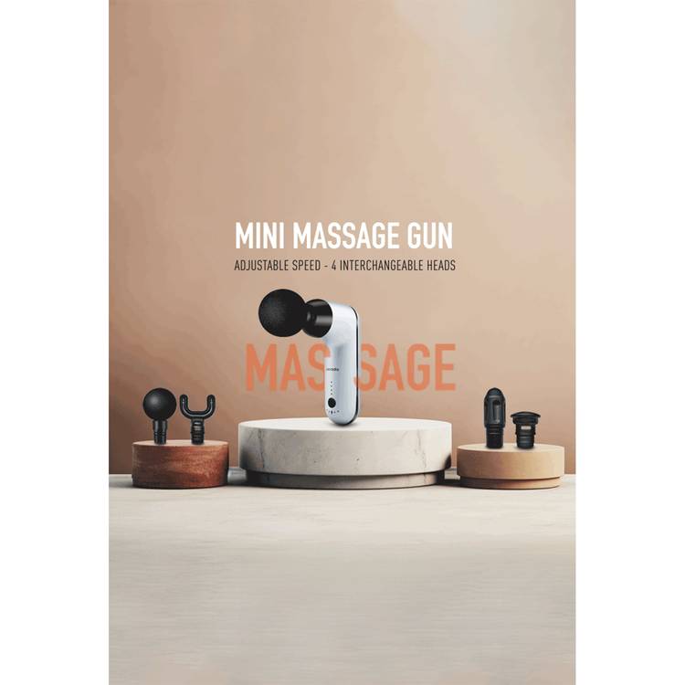 Porodo Lifestyle Mini Massage Gun with 4 Interchangeable Heads, Up to 4 Hours Working Time, 2000mAh Battery Capacity, 4 Adjustable Speeds, Type-C Charging Port - White