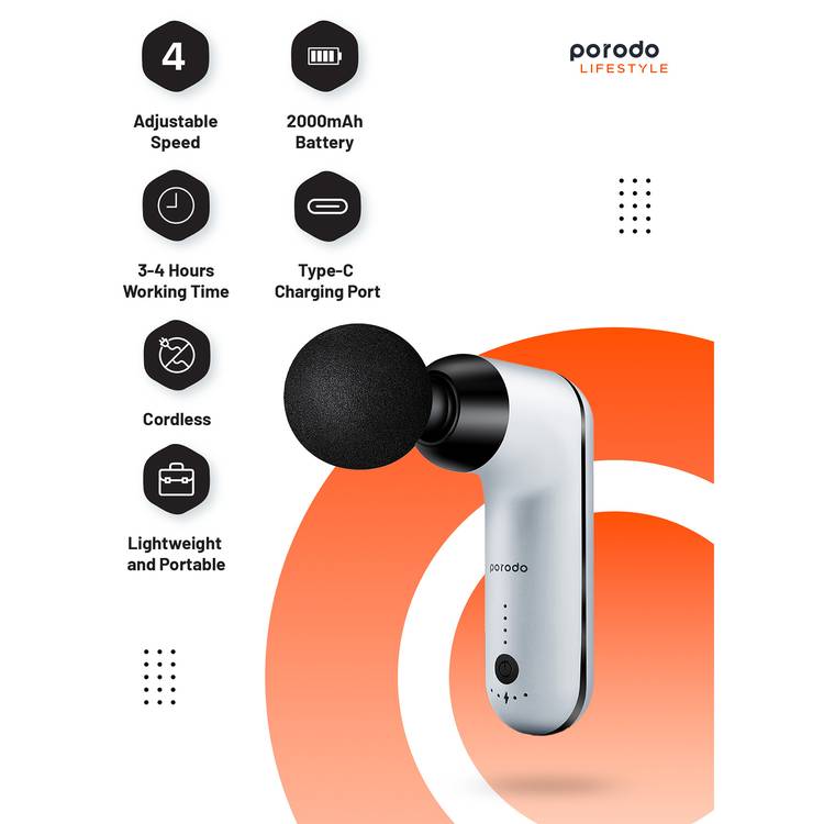 Porodo Lifestyle Mini Massage Gun with 4 Interchangeable Heads, Up to 4 Hours Working Time, 2000mAh Battery Capacity, 4 Adjustable Speeds, Type-C Charging Port - White