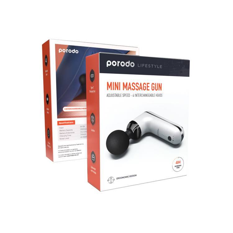Porodo Lifestyle Mini Massage Gun with 4 Interchangeable Heads, Up to 4 Hours Working Time, 2000mAh Battery Capacity, 4 Adjustable Speeds, Type-C Charging Port - White