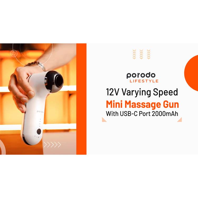Porodo Lifestyle Mini Massage Gun with 4 Interchangeable Heads, Up to 4 Hours Working Time, 2000mAh Battery Capacity, 4 Adjustable Speeds, Type-C Charging Port - White