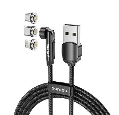 Porodo 3in1 Black TPE 1M Cable with Rotatable Head for Mi...