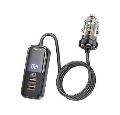 Porodo 120W Transparent Multi-Port Car Charger with Dual USB-C & USB-A Ports, Aluminum Alloy & PC Material, 1.5m Cable Length, Universal Compatibility, Digital Display - Black