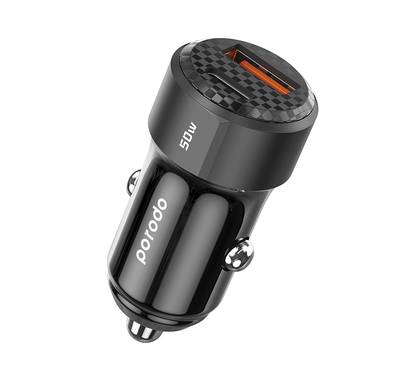 Porodo 50W Dual Port Car Charger, 20W Power Delivery, Simultaneous Fast Charging, 30W Quick Charge, Multi Protection, Carbon Fiber Print, Lightweight & Portable - Black
