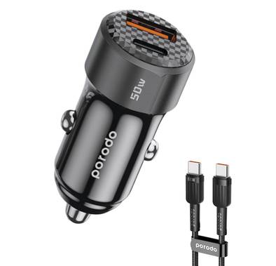 Porodo 50W Dual Port Car Charger with USB-C to USB-C Cable, 50W Total Output, Simultaneous Charging, Portable, 1m Cable Length - Black