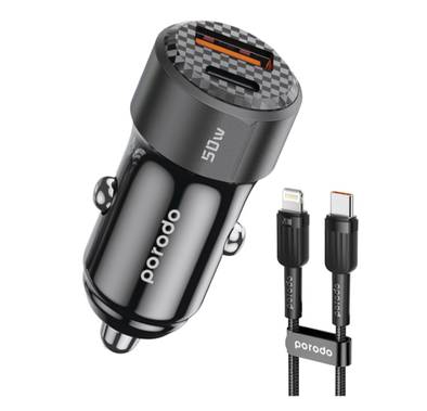 Porodo 50W Dual Port Car Charger USB-C to Lightning Cable, 50W Total Output, Simultaneous Charging, Portable, 1m Cable Length - Black