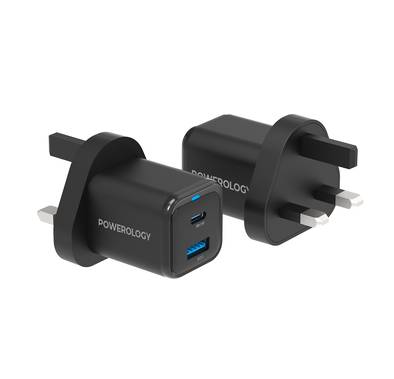 Powerology Super Compact Quick Charger with USB-C To Lightning Braided Cable, 35W Power Delivery, Simultaneous Fast Charging, Lightweight & Portable - Black