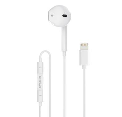 Green Lion Wired Mono Earphone with Lightning Connector, Control Buttons, 1.2m Cable Length, TPE & Copper Material, 14.2mm Speaker Size - White