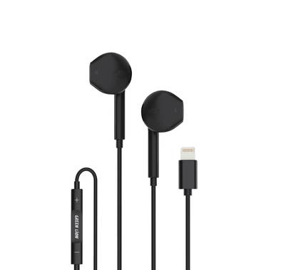 Green Lion Wired Stereo Earphones with Lightning Connector, Stereo Sound, Control Buttons, 1.2m Cable Length, TPE & Copper Wire Material, 14.2mm Speaker Size - Black