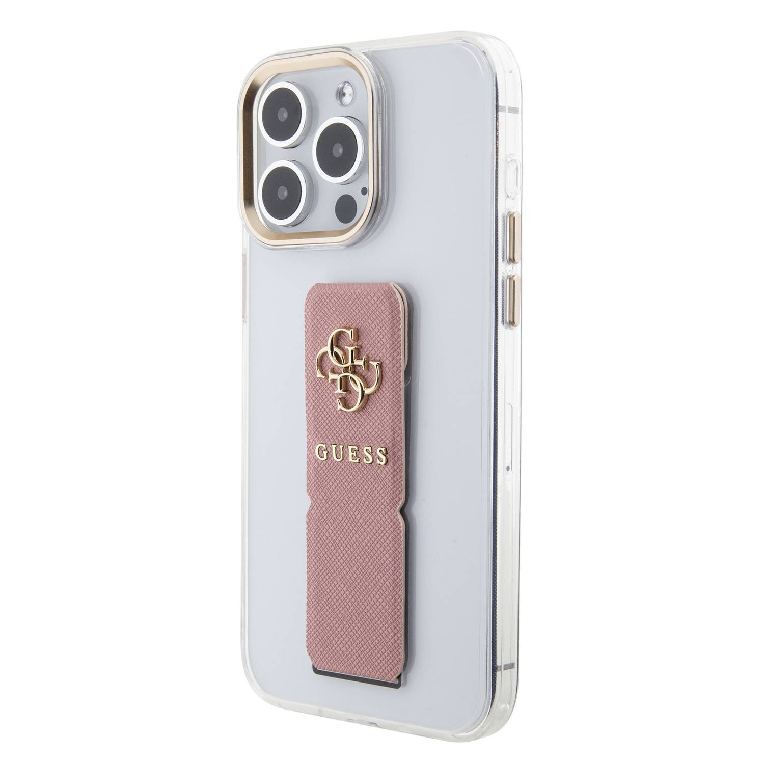 Cover Case IPHONE 15 Plus Guess Faux Leather Pink With Golden Logo