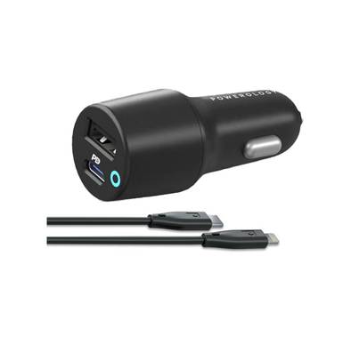 Powerology Dual Port Car Charger with USB-A & USB-C Ports, PD 35W, 47W Total Power, USB-C to Lightning Cable, 1.2m Cable Length, Fast Charging - Black