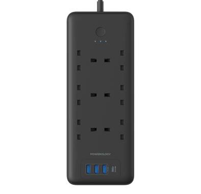 Powerology 6 AC Multi-Port Power Strip 48W with Surge Protection, Fireproof Material, 3250W AC Output, 3m Cable Length, 30W Power Delivery, QC 18W - Black 