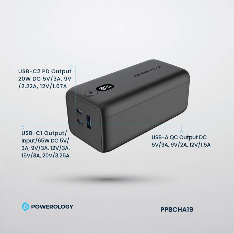 Powerology 20000mAh 65W Onyx Power Bank, Overcharging Protection, USB-A & x2 USB-C Output, LED Display, Fast Charging, Compatible With Laptop  - Black
