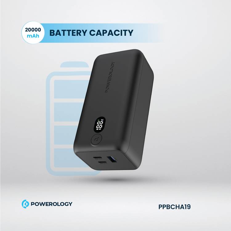 Powerology 20000mAh 65W Onyx Power Bank, Overcharging Protection, USB-A & x2 USB-C Output, LED Display, Fast Charging, Compatible With Laptop  - Black