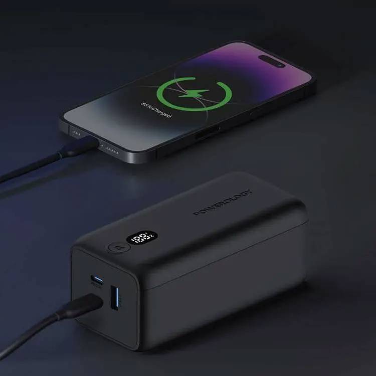 Powerology 20000mAh 65W Onyx Power Bank, Overcharging Protection, USB-A & x2 USB-C Output, LED Display, Fast Charging, Compatible With Laptop  - Black