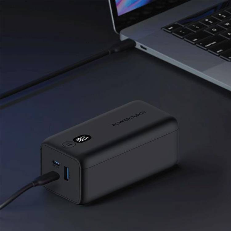 Powerology 20000mAh 65W Onyx Power Bank, Overcharging Protection, USB-A & x2 USB-C Output, LED Display, Fast Charging, Compatible With Laptop  - Black