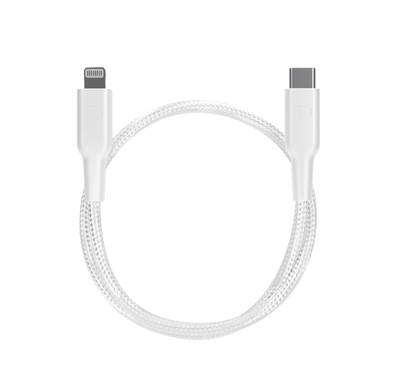 Powerology USB-C to Lightning 30Cm/0.98ft Braided Cable, PD 60W, MFI Certificated, more than 30000 Bends Lifespan - White