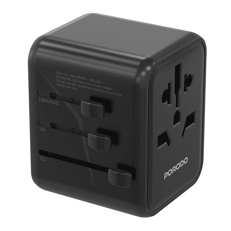 Porodo Dual USB-A Universal Travel Adapter 2.4A, Lightweight & Portable, Travel Friendly, Fast Charging, Dual USB-A, 0–35°C Operating Temperature, Built-in Safeguards - Black