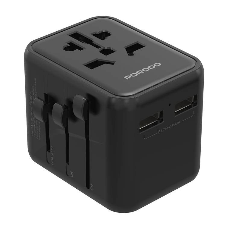 Porodo Dual USB-A Universal Travel Adapter 2.4A, Lightweight & Portable, Travel Friendly, Fast Charging, Dual USB-A, 0–35°C Operating Temperature, Built-in Safeguards - Black