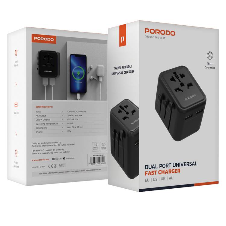 Porodo Dual USB-A Universal Travel Adapter 2.4A, Lightweight & Portable, Travel Friendly, Fast Charging, Dual USB-A, 0–35°C Operating Temperature, Built-in Safeguards - Black