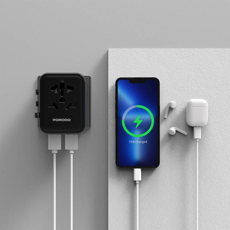 Porodo Dual USB-A Universal Travel Adapter 2.4A, Lightweight & Portable, Travel Friendly, Fast Charging, Dual USB-A, 0–35°C Operating Temperature, Built-in Safeguards - Black