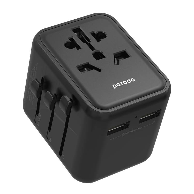 Porodo Dual USB-A Universal Travel Adapter 2.4A, Lightweight & Portable, Travel Friendly, Fast Charging, Dual USB-A, 0–35°C Operating Temperature, Built-in Safeguards - Black
