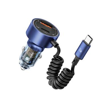 Porodo 60W Transparent Dual Port Car Charger with PD 30W & QC 18W, Integrated Type-C Cable, Aluminum Alloy & PC Material, Universal Compatibility, Simultaneous Charging - Blue