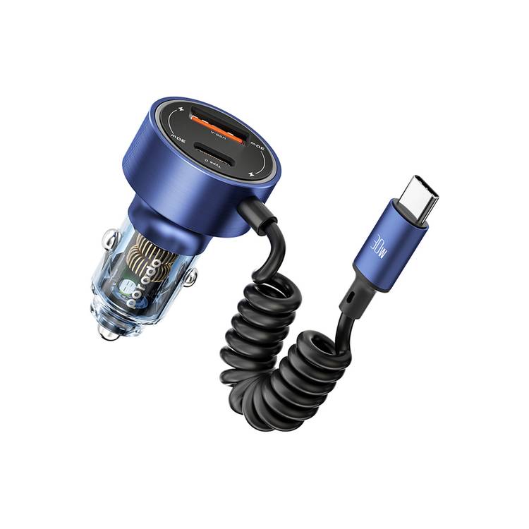 Porodo 60W Transparent Dual Port Car Charger with PD 30W & QC 18W, Integrated Type-C Cable, Aluminum Alloy & PC Material, Universal Compatibility, Simultaneous Charging - Blue