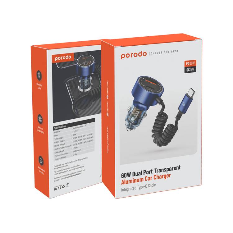 Porodo 60W Transparent Dual Port Car Charger with PD 30W & QC 18W, Integrated Type-C Cable, Aluminum Alloy & PC Material, Universal Compatibility, Simultaneous Charging - Blue