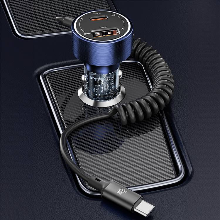 Porodo 60W Transparent Dual Port Car Charger with PD 30W & QC 18W, Integrated Type-C Cable, Aluminum Alloy & PC Material, Universal Compatibility, Simultaneous Charging - Blue