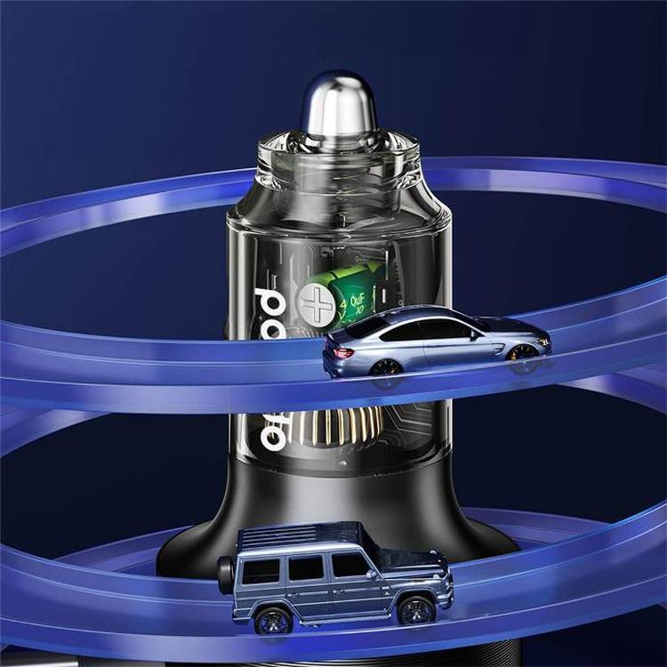 Porodo 60W Transparent Dual Port Car Charger with PD 30W & QC 18W, Integrated Type-C Cable, Aluminum Alloy & PC Material, Universal Compatibility, Simultaneous Charging - Blue