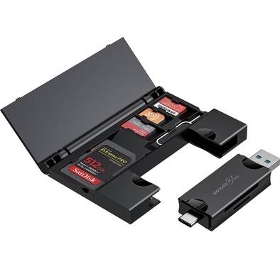 Porodo Blue 2 in 1 Card Reader with Card Holder - Black