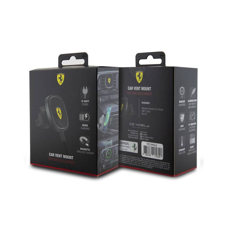 Ferrari Magsafe Car Charger with USB-C Cable, 15W Power, ABS & Aluminum Material, Quick Charging, Magnetic  Wireless Charger, Safe Assurance, Overheat Protection, Usable Horizontal & Vertical Position, 15° Direction Up & Down Adjustment - Black