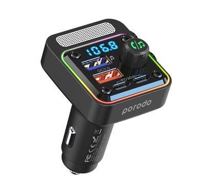 Porodo 3-in-1 FM Car Charger with 36W Power Delivery, 10m Bluetooth Range, Built-in Microphone, Multi-Port Charging, Up to 32 GB USB Flash Drive - Black
