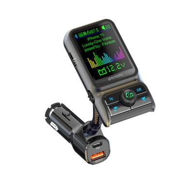 Porodo Dual Port Car Charger with 1.77" Color Display, PD 36W, Up to 32GB USB Flash Drive, Built-in Microphone, FM, TM, TF Card Reader, 10 Meters Bluetooth Range - Black