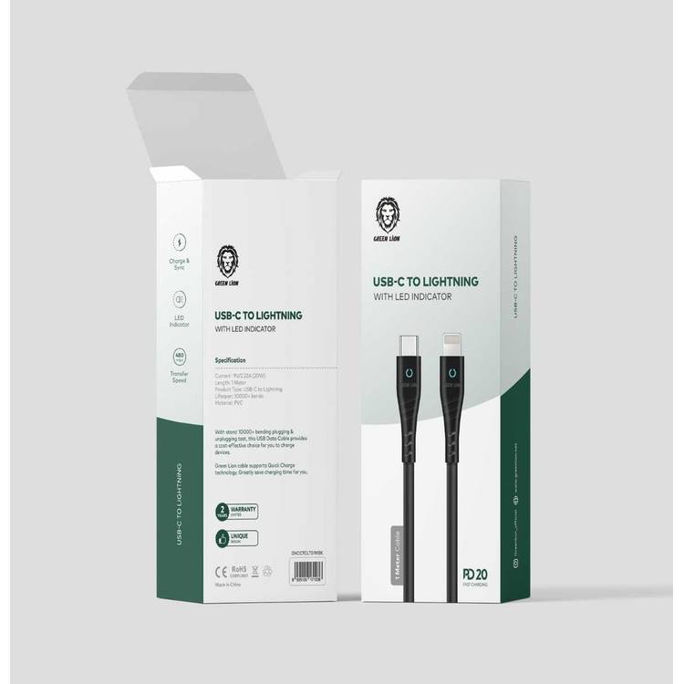 Green Lion PVC USB-C to Lightning Cable with LED Indicator 1M PD 20W - Black