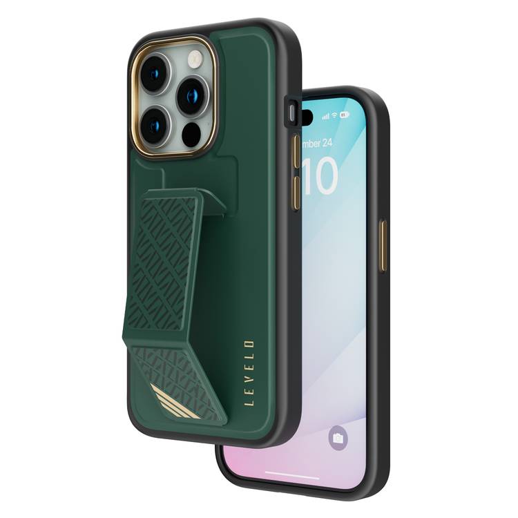 Levelo iPhone 15 Pro for Morphix Cuero Gripstand Case - Green