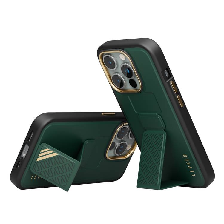 Levelo iPhone 15 Pro for Morphix Cuero Gripstand Case - Green