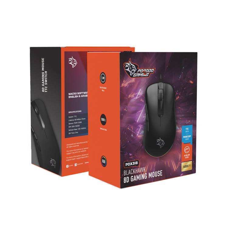 Porodo Gaming Wired Mouse with TTC Switch, 60 Million Clicks Lifespan, 16000 DPI, RGB Light, 400IPS Tracking Speed, USB Plug & Play Connection - Black