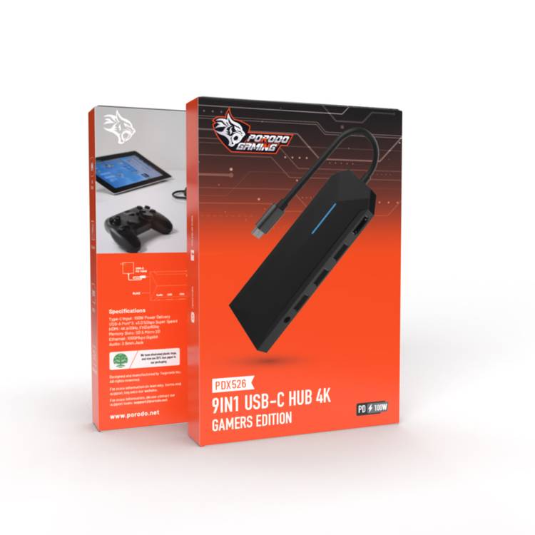 Porodo Gaming 9 in1 USB-C Hub 4K Gamers Edition PD 100W - Black