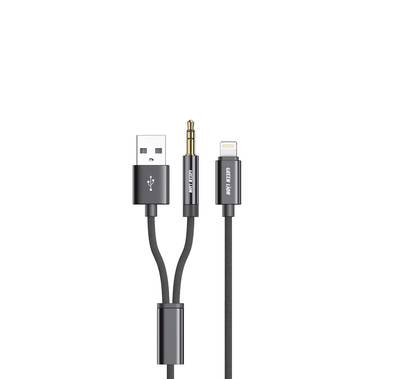 Green Lion 2-in-1 Braided Cable with AUX & USB-A to Lightning Connection, 1.2m, 2.4A Output Current, 24K Gold-Plated Connector, Enameled Copper Conductor, 10000+ Bends - Black