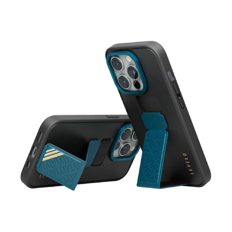 Levelo Morphix Leather Case for iPhone 15 Pro with Kickstand Grip - Black/Blue