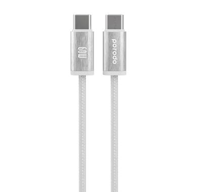 Porodo Woven Braided USB-C to USB-C Cable for Charging & Data Transferring, Aluminum Shell, 60W Power Delivery, High-Grade Components, Fast Charge, Tangle Free, More than 15000 Bends, 1.2m Cable Length - White