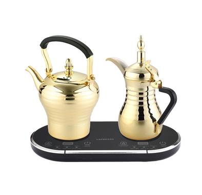 LePresso Electrical Arabic Coffee and Tea Dallah with Over-Heat Protection, 800mL Tea Pot Capacity, 750mL Coffee Pot Capacity, Simultaneous Preparation, Keep Warm - Gold