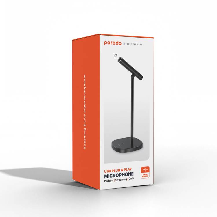Porodo Professional Microphone with USB Cable Plug and Play   - Black