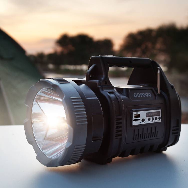 Porodo LifeStyle Outdoor 3-in-1 Adventure Flashlight and Speaker with FM Radio and Bluetooth Speaker, 10W LED, 5W COB, 1000+300 Lumens Brightness,  8000mAh Li-Ion Battery - Black