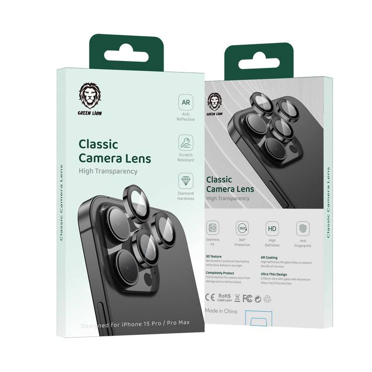 Green Lion Classic Camera Lens for iPhone 15 Pro/15 Pro Max, 9H Hardness, 360° Protection, Anti-Fingerprint & Anti-Reflective, Seamless Fit, Ultra Thin Design - Black