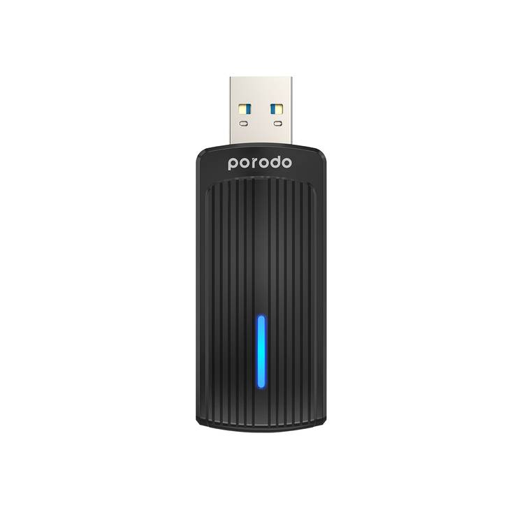 Porodo Dual Band WiFi Adapter with 2dBi High Gain Antenna, Dual Band, High Speed USB 3.0 Interface, Windows & OS Compatibility - Black