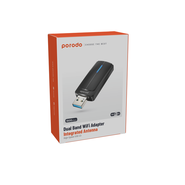 Porodo Dual Band WiFi Adapter with 2dBi High Gain Antenna, Dual Band, High Speed USB 3.0 Interface, Windows & OS Compatibility - Black