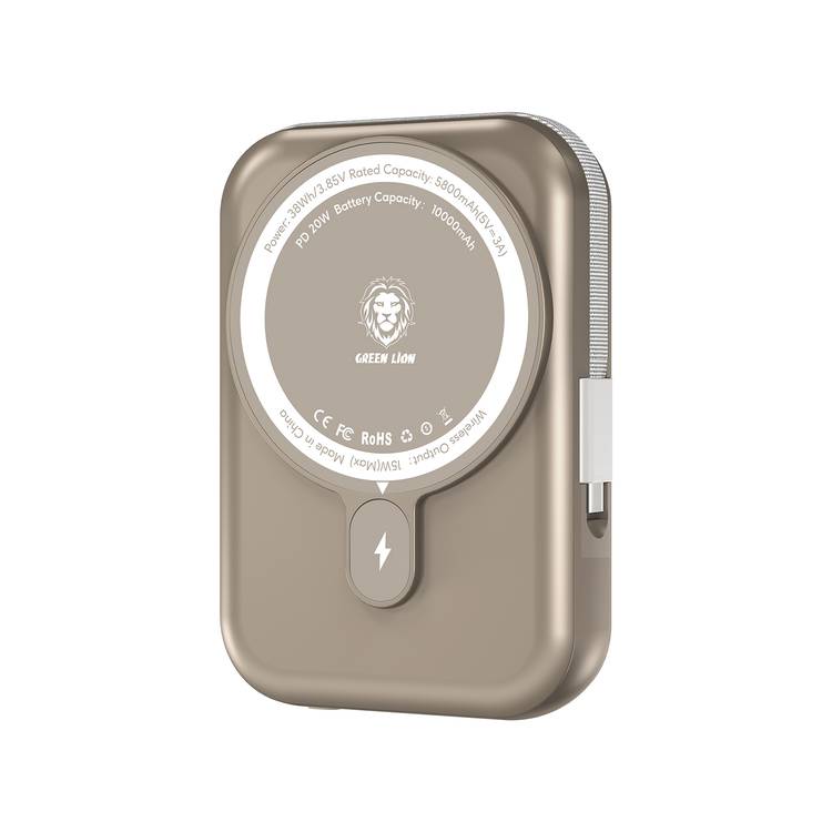 Green Lion 10000mAh Monaco MagSafe Power Bank with Built-in Type-C Cable, 20W Power Delivery, LCD Power Indicator, 15W Wireless Output, Smart Chip - Titanium Gold